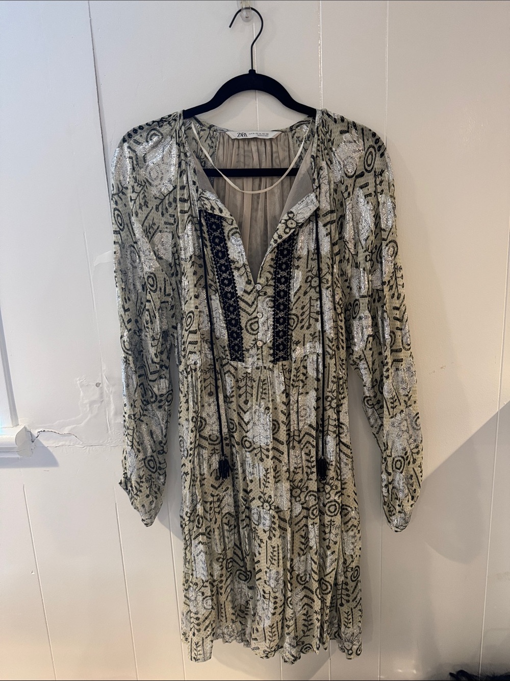 Zara Cream and Black Embroidered Boho Tunic Dress